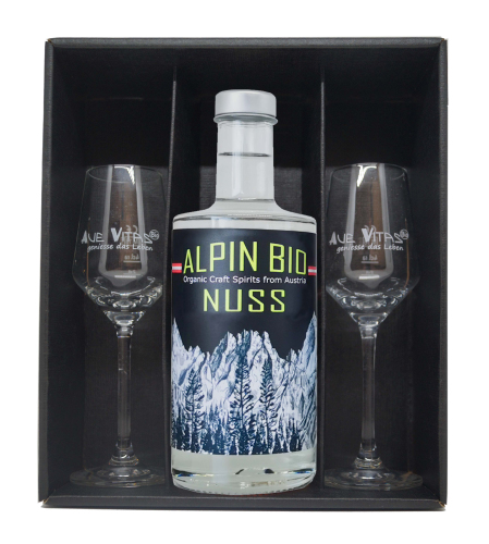 Geschenkbox mit Alpin Bio Nuss, 350ml, gebrannt 42% & 2 Gläser